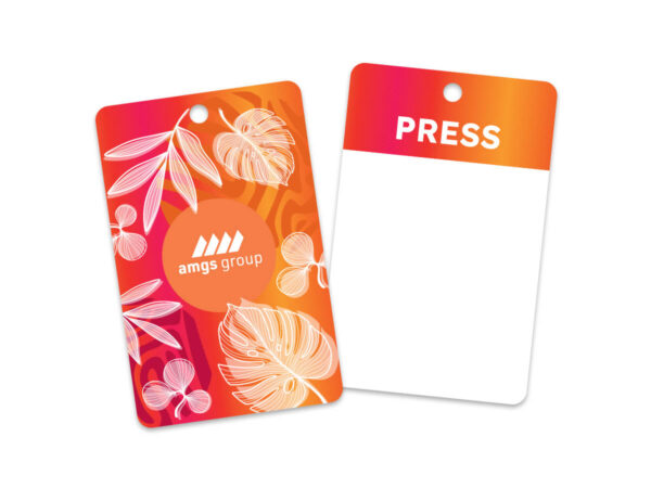 Orange custom-printed name badge card for conferences and staff identification.