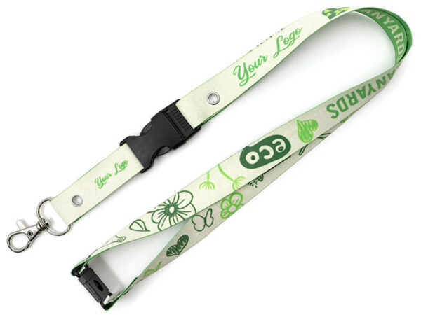 Eco lanyard with breakaway and buckle. Allows protection and quick release. Available at AMGS Group.