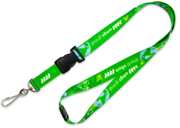 Green seamless rPET lanyard with sublimation printing and safety breakaway, perfect for promoting a brand