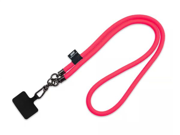 Pink tubular phone lanyard with logo. 60 cm long with phone adapter. Available at AMGS Group.