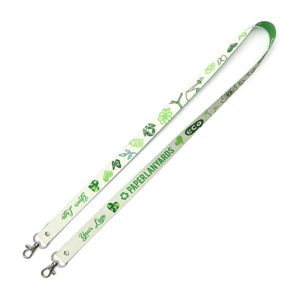 Weißes Schlüsselband aus wasserfestem Papier mit zwei Karabinern und vollflächigem Logodruck – stabiles Werbegeschenk von AMGS GROUP.
