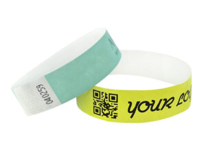 Customized Tyvek wristbands featuring a QR code and "your logo". Secure ticketing solution. Manufacturer AMGS Group.