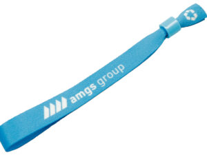 Blue personalized rPET wristband with AMGS Group logo - ideal for green festivals and events. AMGS Group.