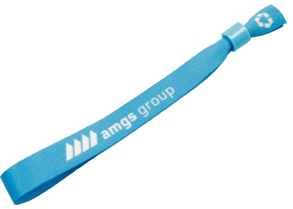 Blue personalized rPET wristband with AMGS Group logo - ideal for green festivals and events. AMGS Group.