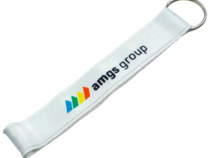 Detailed view of white keychain with a double-layer strap. A practical advertising gadget from AMGS Group.