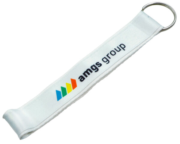 Detailed view of white keychain with a double-layer strap. A practical advertising gadget from AMGS Group.