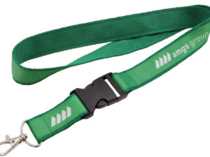 Stitched double-layer lanyard with quick release buckle for quick release of keys or an ID badge. Available at AMGS Group.
