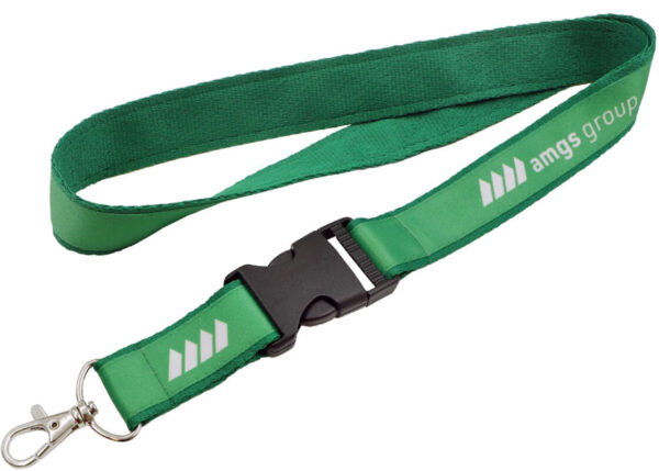 Stitched double-layer lanyard with quick release buckle for quick release of keys or an ID badge. Available at AMGS Group.