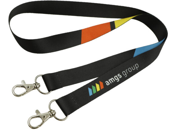 Durable polyester neck lanyard with double carabiners and vibrant sublimation print. Available from AMGS Group.