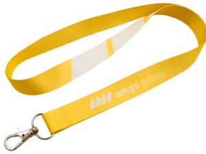 Leuchtgelber Polyester-Lanyard mit weißen Streifen und Karabiner, ideal für maximale Sichtbarkeit Ihrer Marke auf Veranstaltungen. Erhältlich bei AMGS Group.