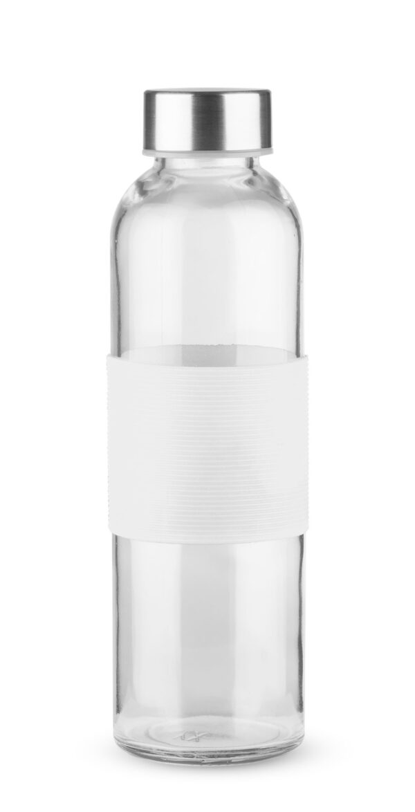 Bouteille GLASSI 510 ml en verre avec bande silicone colorée – objet publicitaire écologique personnalisable avec logo.