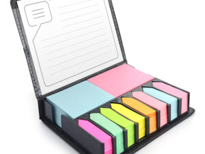 Set de notes adhésives PODI avec logo en étui noir, cadeau B2B avec logo gravé sur plaque métallique, personnalisation.