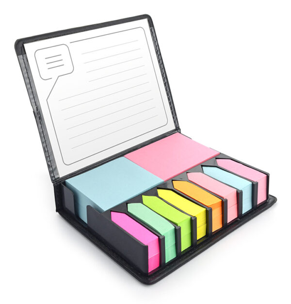 Set de notes adhésives PODI avec logo en étui noir, cadeau B2B avec logo gravé sur plaque métallique, personnalisation.