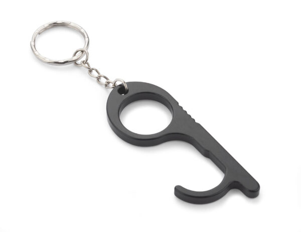 Porte-clés ANTI-TOUCH en aluminium noir – objet publicitaire hygiénique personnalisable avec logo.