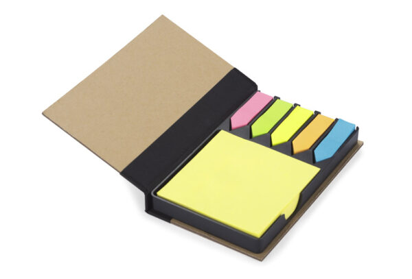 Set Notes ARO. Set de notes adhésives ARO avec notes jaunes et onglets colorés dans un étui en bambou – objet de bureau écologique personnalisable avec logo.
