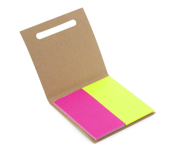 Notes HIKO électrostatiques jaunes et roses – objet publicitaire de bureau innovant sans colle, personnalisable avec logo.