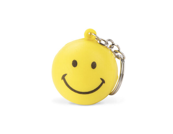 Porte-clés SMILE. Porte-clés antistress SMILE jaune en forme d’emoji – objet publicitaire personnalisable avec logo.