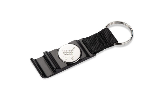 Porte-clés publicitaire JOGO multifonction – jeton, décapsuleur et porte-clés élégant.