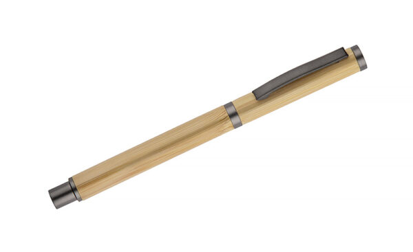 Stylo en bambou DENI personnalisé avec logo, corps en bambou naturel, couleur graphite, recharge G2 bleue.