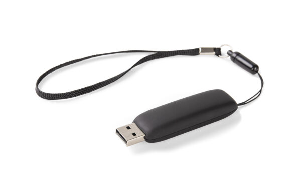 Clé USB MILANO 16GB personnalisée avec logo lumineux et dragonne.