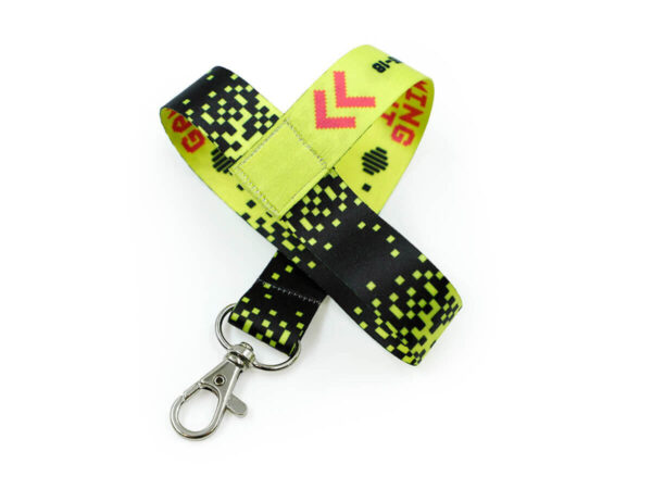Personalized cup holder lanyard for gaming event in yellow and black sublimated design.