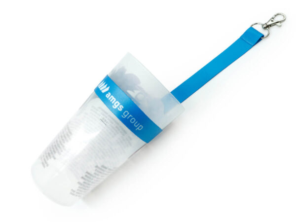 Blue sublimated cup holder lanyard attached to reusable plastic event cup.