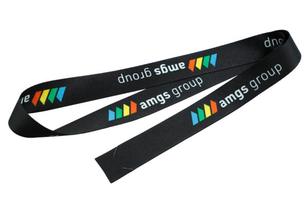 An event lanyard made from r-PET material coiled into a loop to showcase the print quality and fabric flexibility.