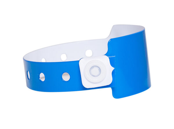 Blue 25mm vinyl wristband with a secure white plastic snap. Side view showing the tamper-proof closure mechanism. Manufacturer AMGS Group.