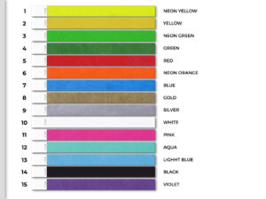 Set of 25mm Tyvek wristbands in orange, green, and pink. Detail view of serial numbering and adhesive zone. Manufacturer AMGS Group.